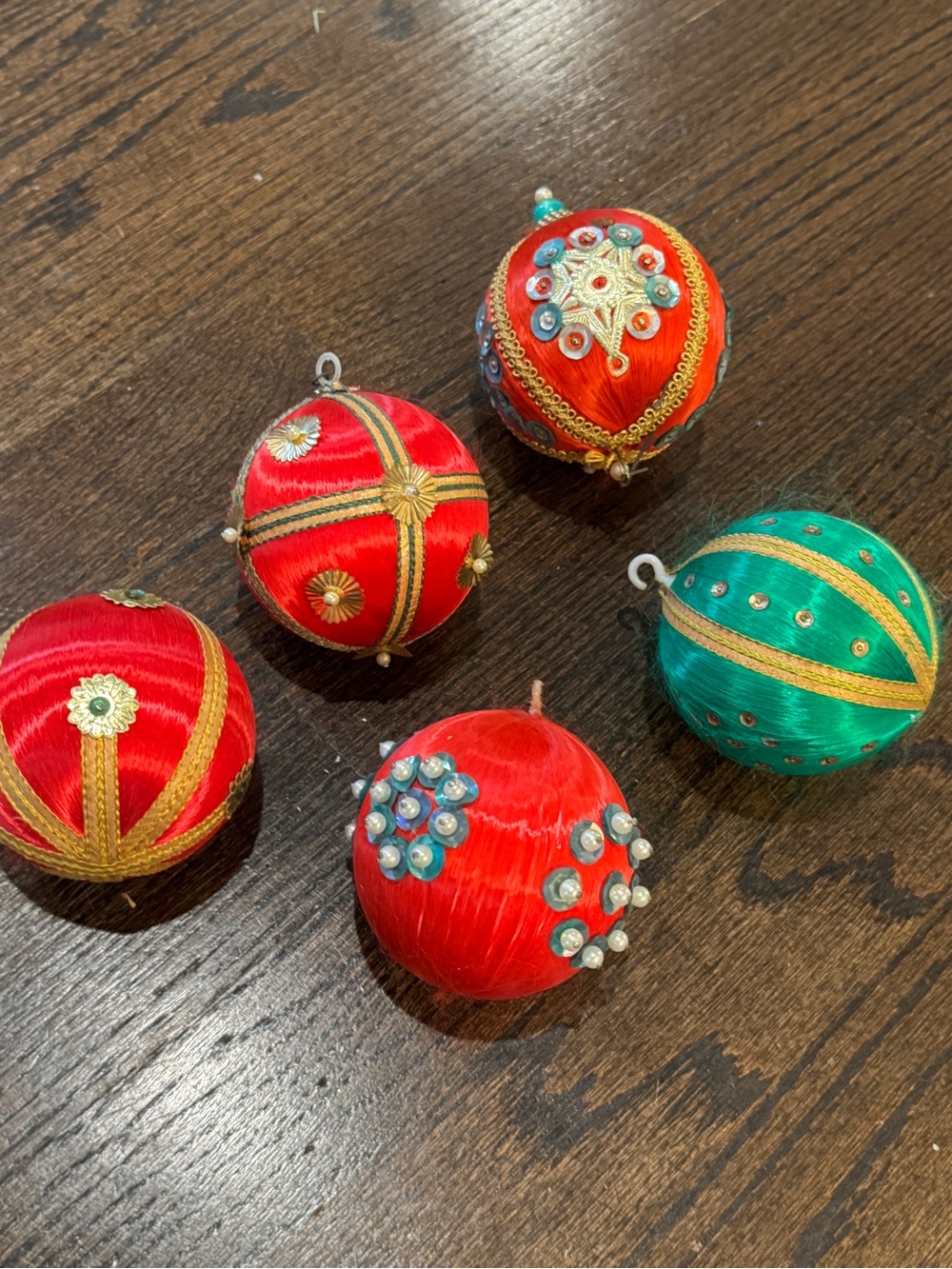 Vintage Satin Christmas Ornaments - Red & Green Bead and Sequins
